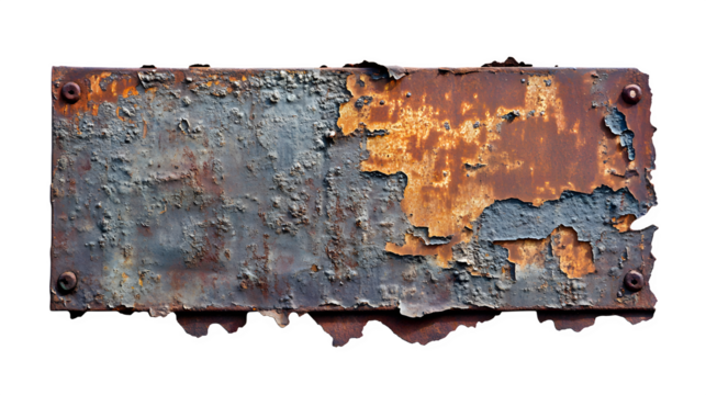 Rectangular metal sign with rust and chipped paint,