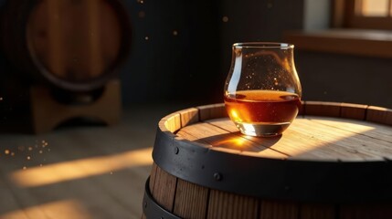 Golden liquid rests on aged wood, sunlit ambiance, rich tones, smooth texture