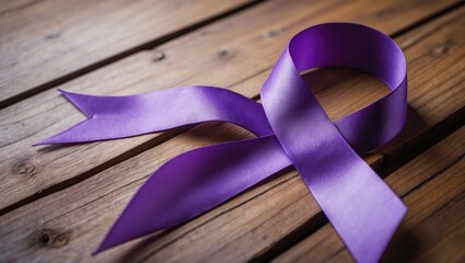 Purple ribbon awareness on a wooden backdrop with space for text. This symbol is utilized to promote awareness for cancer, epilepsy, lupus, Alzheimer's disease, and meningitis survivors.
