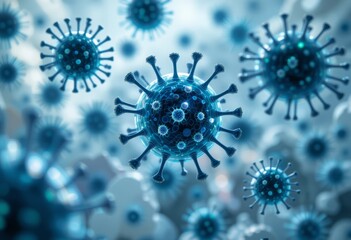 Advanced biotech visualization of viruses and bacteria in electric-blue and bio-green glow with soft lab background Generative AI