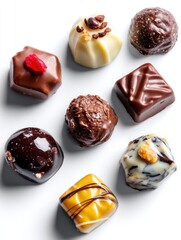 Assorted gourmet chocolate truffles on clean white background in studio setting with soft lighting and high angle view