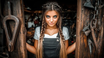 Fototapeta premium Young woman with braided hair posing in a rustic workshop doorway