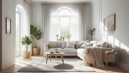 Bright white walls with a cozy light gray sofa a wooden coffee t