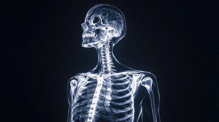 An artistic view of a full-body X-ray image with a focus on the skeletal system, capturing the entire human skeleton in a detailed and informative manner.