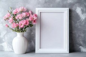 A white photo frame with pink flowers in the vase next to it