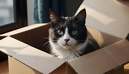 Cute Cat in Cardboard Box &ndash; Cinematic Style with Cozy Vibes