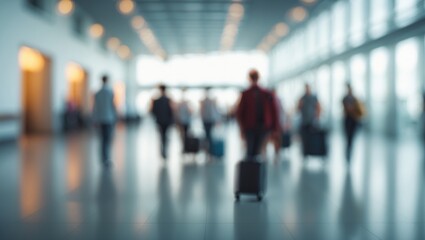 Blurred view of an office or hotel lobby interior, leading to the reception hall, modern luxurious lounge, bright room with a blurry corridor and glass wall
