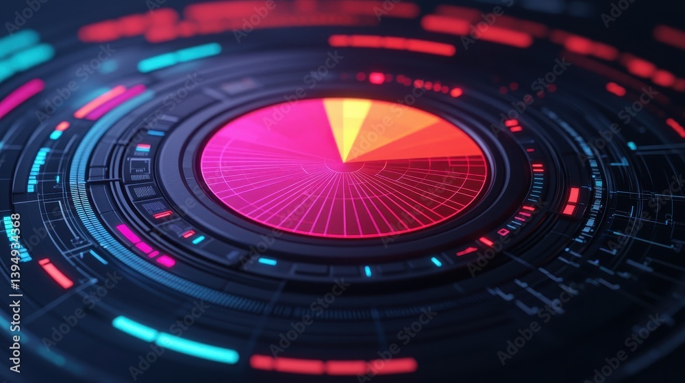 Poster futuristic data visualization concept with circular chart and colorful elements for digital marketin