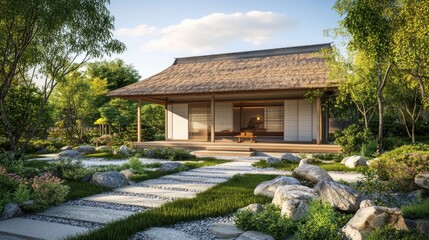 Fototapeta premium A charming photo of a traditional Japanese tea house with a thatched roof and wooden veranda, surrounded by a serene garden with carefully arranged stones and plants.