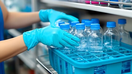 Gloved Hands Handling Water Bottles in a Crate