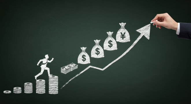  Financial Growth: Chalkboard Illustration of Success, Investment, Profit, and Global Currency Gains for Business Development.