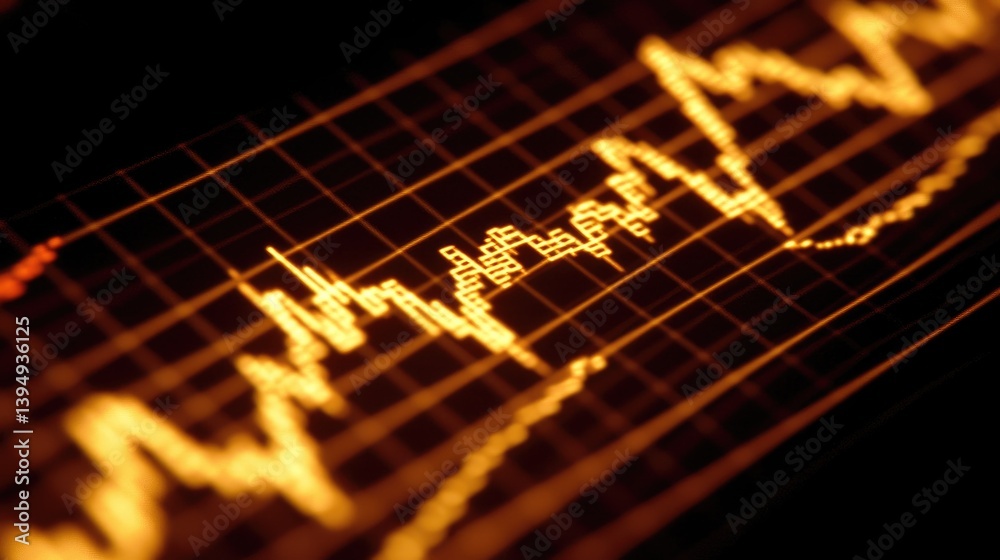 Poster a close-up of a stock market chart with fluctuating lines and candlestick patterns on a computer scr