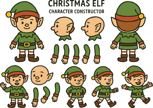 Create a Christmas elf holiday character constructor for animation. Front, side and back view set. Body parts, postures, poses collection. Vector illustration Vector art illustration .