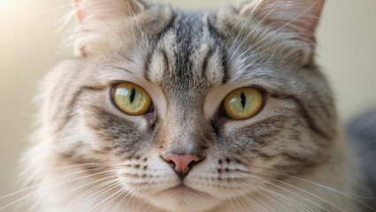 Front View Close-Up of a Cat's Face Featuring Intense Yellow Eyes, Textured Fur, and a Pink Nose, Exhibiting a Calm and Curious Expression in a Soft, Intimate Environment