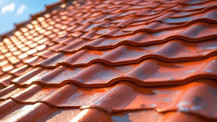 Creative perspective of orange classic corrugated shingles with a close-up texture background