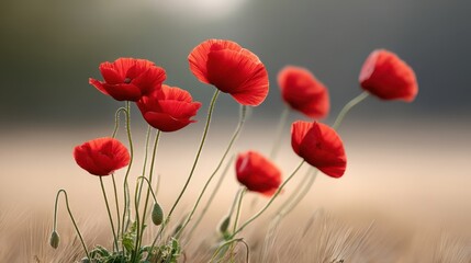 Fototapeta premium A sprawling field of lush crimson red poppies gently swaying in the soft calming breeze under a serene overcast sky