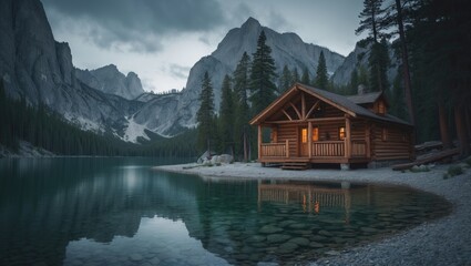 Fototapeta premium Warm wooden chalet by the lake in the Rockies National Park. Summer housing for hikers in the mountains.