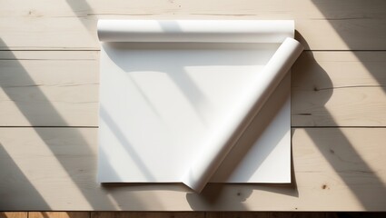 Blank page of an open magazine on a light wooden table seen from the top. Design mockup.