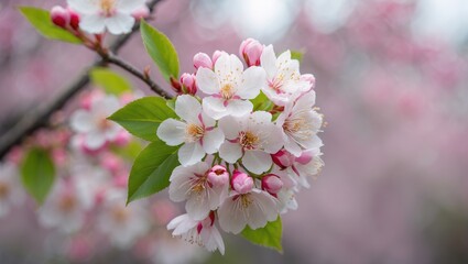 Obraz premium Close-up of beautiful white cherry blossoms in full bloom, with soft pink accents and lively green leaves. Perfect for visuals and nature photography.