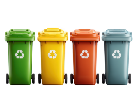 Colorful recycling bins in row, featuring green, yellow, orange, and blue colors, each with recycling symbol. These bins promote environmental awareness and waste management