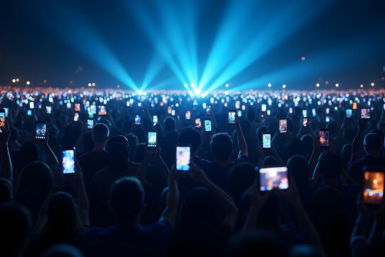 Captivating atmosphere of a live concert with an enthusiastic crowd holding up their cellphones capturing the unforgettable performance and moments of the event