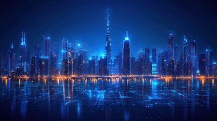 Fototapeta premium Futuristic city skyline at night, illuminated by digital light displays