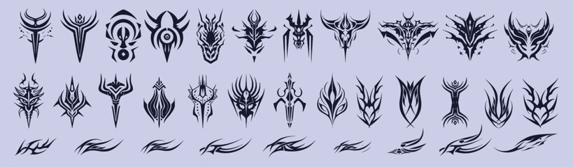 Obraz premium Tribal tattoo designs featuring abstract shapes and patterns suitable for body art and personal expression in various styles