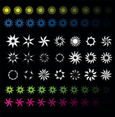 Colorful starburst vector illustration depicting various designs in vibrant hues against a black background
