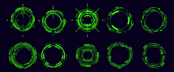 Digital futuristic interface elements with green highlights for technology applications