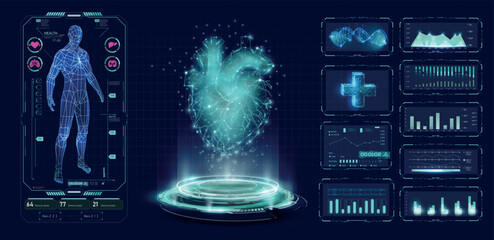 Digital health visualization illustrating a glowing heart and health data analytics in a futuristic setting