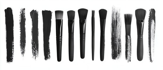 Array of Professional Black Makeup Brushes and Strokes on White Backdrop for Beauty and Cosmetic Products
