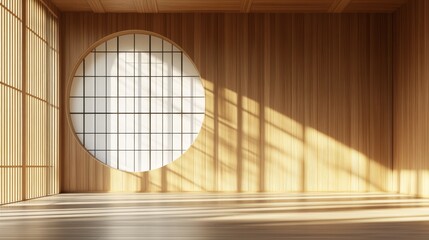 Fototapeta premium A circular mockup signboard, ready for a storefront's branding, is mounted on a wooden wall in a street setting