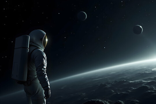 Captivating high-resolution stock photo featuring a solitary helmeted astronaut standing on a distant planet, gazing at the mesmerizing celestial spectacle unfolding before them