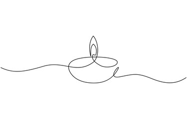Continuous one line drawing oil lamp, candle burning flame, One line of candle diwali isolated on white background, Oil lamp, candle burning flame black contour line simple minimalist vector.