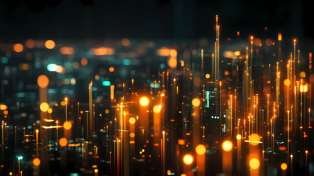 Abstract glowing big data forex candlestick chart on blurry city backdrop. Trade, technology, investment and analysis concept 