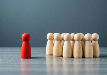 Red wooden figure isolated from group of natural figures on gray-blue background symbolizing social bias and discrimination