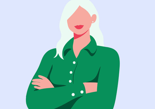 Illustration of a woman with white hair in a green shirt, arms crossed, on a light background.