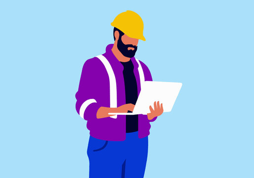 Illustration of a construction worker in purple jacket and yellow hard hat using a laptop against blue backdrop.