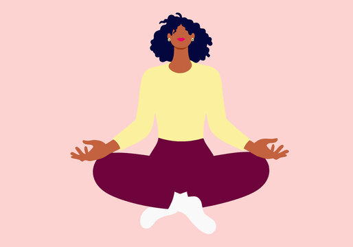 Illustration of a woman meditating in a cross-legged pose on a pastel background.