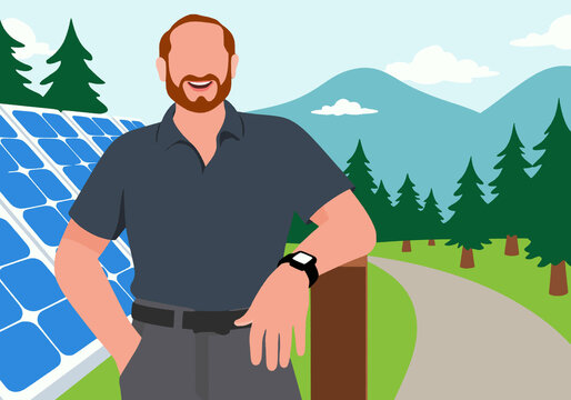 Illustration of smiling bearded man in smart casual by solar panels and scenic mountain landscape.