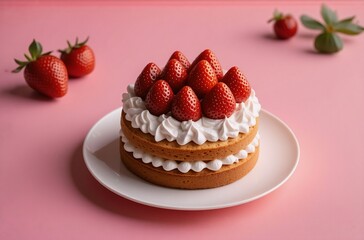 A delightful cake with fresh strawberries, cream, and layers, set on a plate against a pink background. It's a delicious, dessert, treat, with a tempting, appetizing appearance.