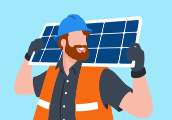 Illustration of a worker smiling confidently while carrying a solar panel on his shoulder.