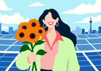 Illustration of a woman with sunflowers smiling in front of a solar panel array and city skyline.