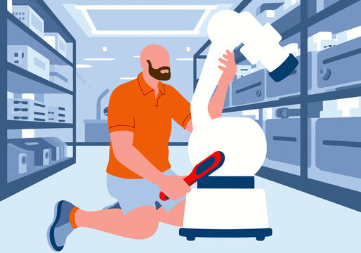 Illustration of a mid adult man kneeling with robotic arm in a modern technology store.