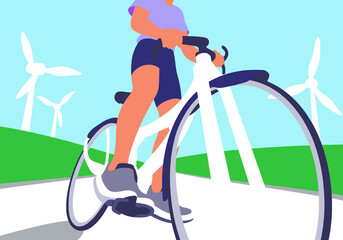 Illustration of a person cycling on a white bike near wind turbines under a clear blue sky.