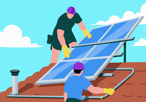 Illustration of two workers installing solar panels on a rooftop under a clear blue sky.