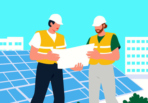 Illustration of two construction workers with a blueprint at a solar panel installation site.