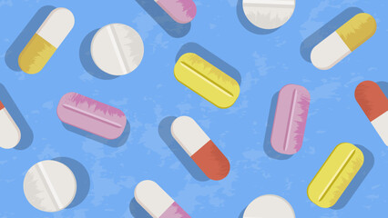 Medical patterned background with capsules and pills. Seamless pattern made with various pharmaceutical drugs. Textured vector illustration.
