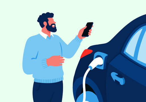 Illustration of a man using phone to charge electric car with blue background.