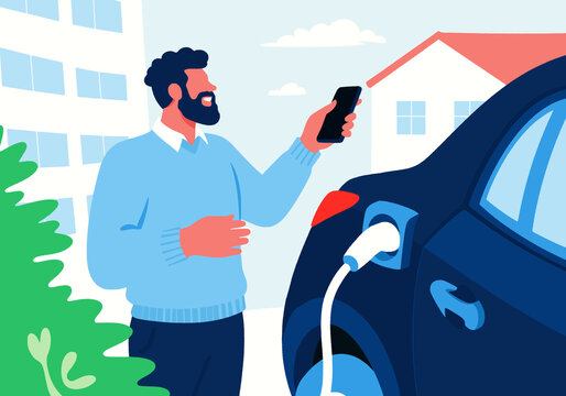 Illustration of a man using smartphone to control electric car charging outside residential building.